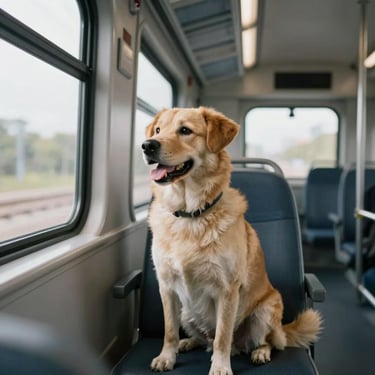 A happy dog sitting comfortably inside a spacious, air-conditioned transit vehicle, looking out the window.