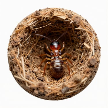 Detailed macro shot of subterranean termites tunneling through wood fiber, clean clinical white background, circular frame