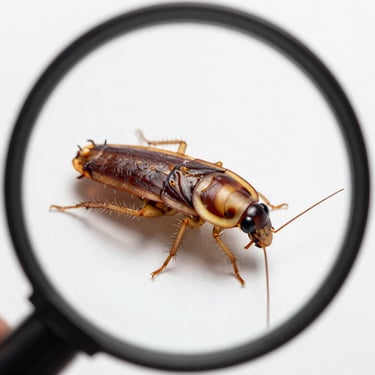 Macro close-up of a German cockroach isolated on a clean sterile white background, circular microscope framing, clinical lighting