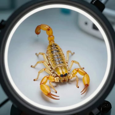 Macro close-up of a yellow scorpion stinger isolated in a clean circular microscope-style frame, sterile clinical background.