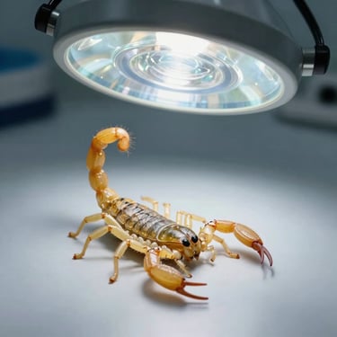 Macro photography of a yellow scorpion poised on sterile light gray surface, clinical overhead light, circular microscope frame