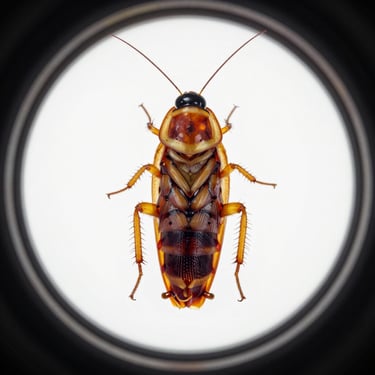 Macro close-up of a cockroach shell isolated in a clean circular microscope-style frame, high-contrast scientific lighting.