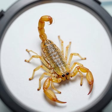 Macro close-up of a yellow scorpion in a clean circular laboratory style frame, clinical white background, sharp focus.