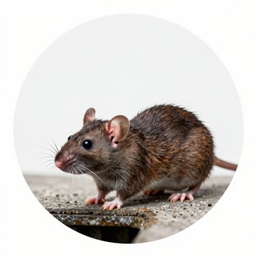 Macro photography of a brown rat near urban drainage, high contrast, isolated on sterile clinical white background, circular frame