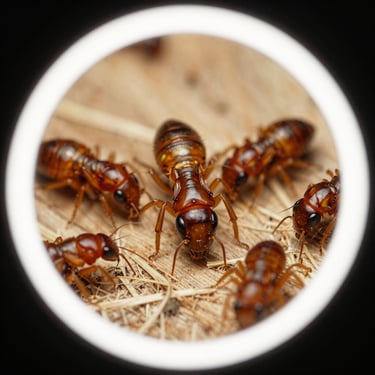 Macro close-up of termite activity on structural wood fibers, isolated in a clean circular microscope-style frame.