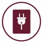 White power plug icon inside a maroon rectangle and circular border for electrical services.