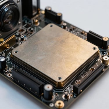 Primer plano extremo de un procesador de silicio sobre una placa base expuesta, iluminación lateral fría con acentos dorados sutiles.