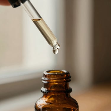 Macro shot of liquid dripping from a glass dropper into a dark amber vial, soft window light, warm tobacco tones