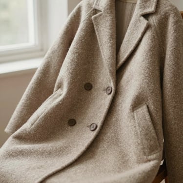 Close-up of a heavy textured wool overcoat fabric draped over a wooden chair, soft natural light, shallow depth of field