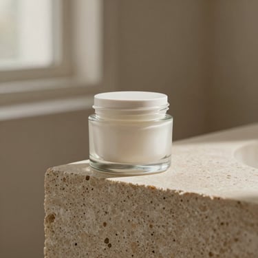 A minimalist glass jar of facial cream on a travertine stone block, soft directional light, neutral sand tones