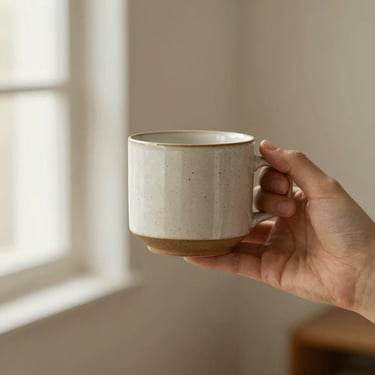 A hand holding a textured ceramic mug in a beautifully lit, warm minimalist studio, shallow depth of field
