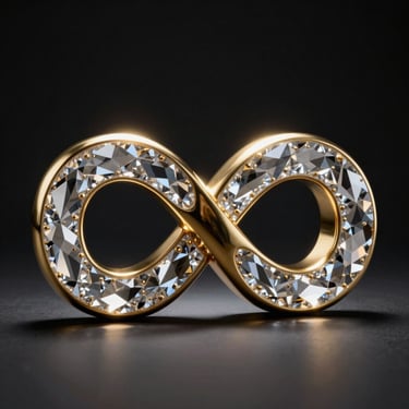 A majestic 3D infinity symbol sculpted from pure crystal and polished gold, catching dramatic spotlighting on a deep black background.