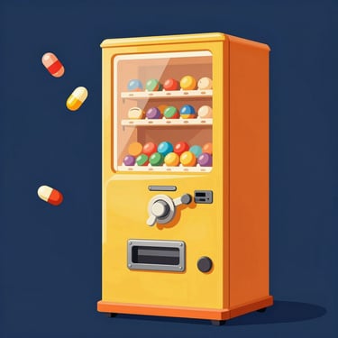 Stylized 2D vector illustration of a vintage capsule vending machine in bright orange and sunny yellow, clean geometric lines, floating colorful capsules on a deep midnight blue background, flat design.