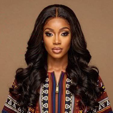 A stylish wig display in a cozy Lagos shop corner with warm lighting.