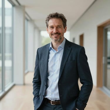 A portrait of a professional man in his 40s wearing business casual attire, standing in a bright Zentraleuropäisch / Deutsch modern building corridor, smiling confidently.