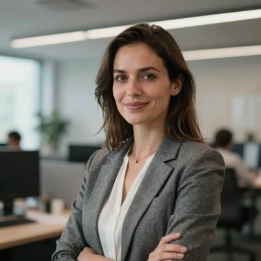 A portrait of a professional woman in a modern Zentraleuropäisch / Deutsch office environment, looking towards the camera with a satisfied expression.