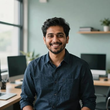 Professional, warm portrait of Anuj Victor Hansdak, a brand strategist, smiling in a clean modern creative studio, soft daylight, 35mm