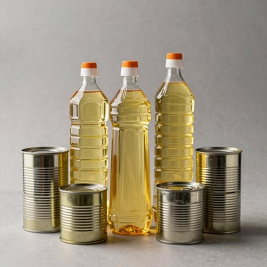 Clean studio arrangement of bottled cooking oils and neatly stacked canned goods on a solid neutral surface
