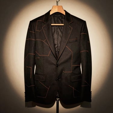 High-fashion black structured jacket with hand-stitched copper patterns, draped on a minimalist wooden mannequin, warm spotlight, 35mm film