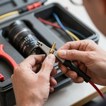 Close-up action shot of a professional technician's hands carefully stripping a coaxial cable with a specialized tool, organized mobile toolkit in the background, bright daylight, high technical precision.