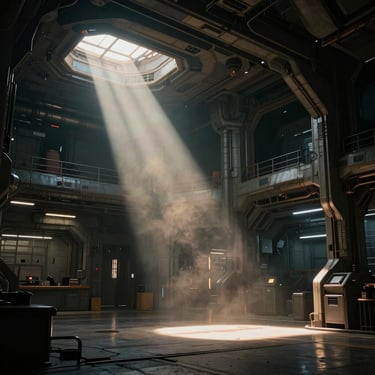 Vibrant digital painting of a cinematic interior, industrial sci-fi hangar, dramatic shafts of light cutting through dust, high contrast.