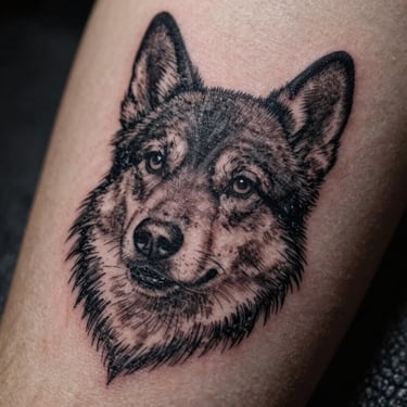 Extreme macro shot of high-contrast black ink tattoo on skin, dramatic sidelight highlighting the precise illustration work.