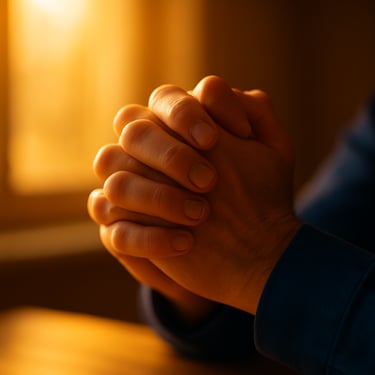 Close-up of hands clasped in deep, focused prayer, soft golden light filtering through a window, warm atmosphere