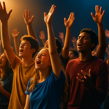 Energetic group of teenagers and young adults with hands raised in vibrant, passionate worship, dynamic warm stage light