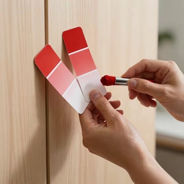 A close-up of hands matching crimson paint swatches against light wood panels, soft natural light.