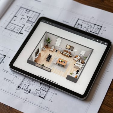 A top-down view of architectural blueprints laid out next to a digital tablet displaying a 3D room model, sharp task lighting.