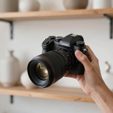 A close-up of a hand holding a high-end camera, styling a minimalist wooden shelf with ceramic vases in a bright room.