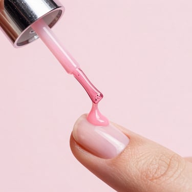 Extreme close-up of a clear nail polish brush dripping glossy top coat onto a manicured pink nail, pink studio lighting