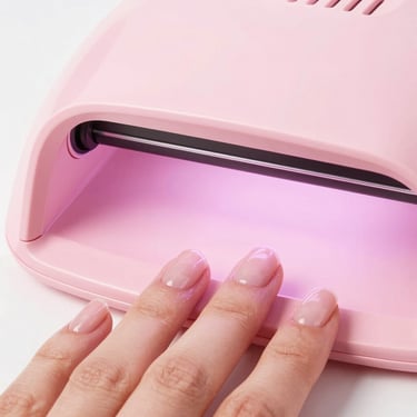 Macro shot of a sleek pink UV curing lamp over perfectly manicured hands, bright high-key studio lighting