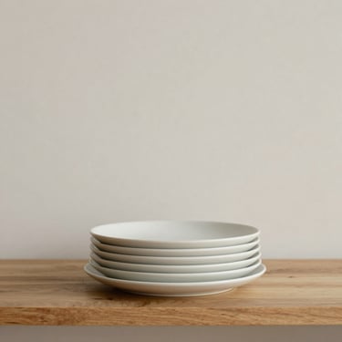 Minimalist ceramic plates stacked on a warm wooden shelf, soft diffused daylight, clean architectural background