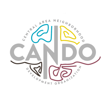 CANDO logo for the Central Area Neighborhood Development Organization featuring colorful abstract map shapes.