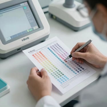 Close-up of a clinician's hands reviewing a printed biomarker panel beside an InBody scanner display, soft clinical overhead lighting, clean desk surface, precise and organized