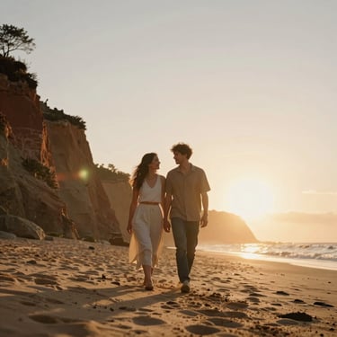 A couple walking along a cliffside at sunset, soft backlighting and lens flare, warm cinematic photography