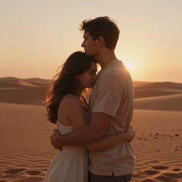 A couple embracing under a warm golden-hour sun, cinematic 35mm film aesthetic, soft terracotta tones