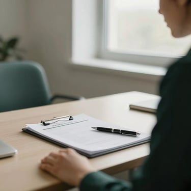 Professional consultation room, close-up of a desk with clinical documents and a pen, soft natural window light, muted earthy tones