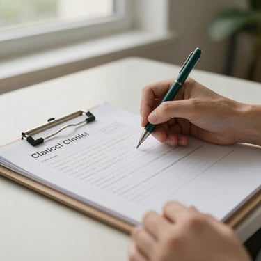 Detailed close-up of hands writing clinical notes on a clipboard, organized workspace, soft overcast daylight