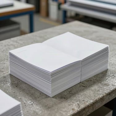 Neat stack of corporate brochures showing clean foil-stamped edges, sitting on a concrete work table in a bright, modern print shop