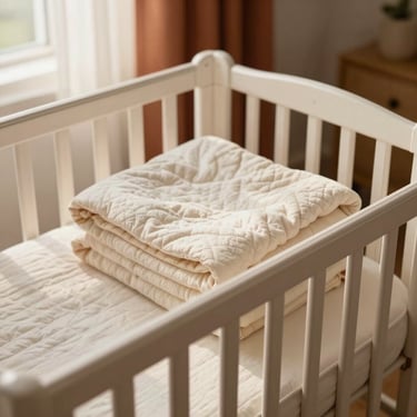 Soft cotton travel crib with a neatly folded baby blanket, warm editorial lighting, neutral ecru tones