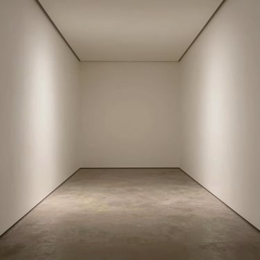 Minimalist gallery interior, raw plaster walls, precise geometric lighting, straight-on perspective, no people