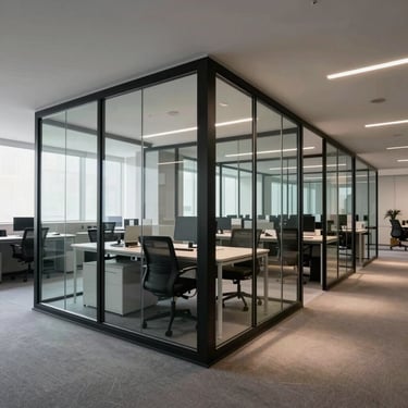 Fotografia de escritório corporativo de alta performance. Divisórias de vidro temperado, estrutura metálica preta aparente, sombras geométricas projetadas no piso cinza. Perspectiva rigorosa, sem pessoas.