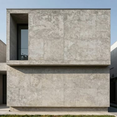 Minimalist concrete house facade, straight-on elevation, sharp geometric lines, natural daylight, no people
