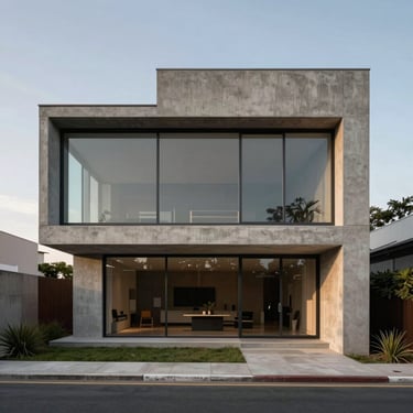 Fotografia arquitetônica de uma residência minimalista de alto padrão. Volumes puros de concreto cinza, grandes painéis de vidro contínuos, luz natural difusa do entardecer. Enquadramento frontal simétrico, sem pessoas.