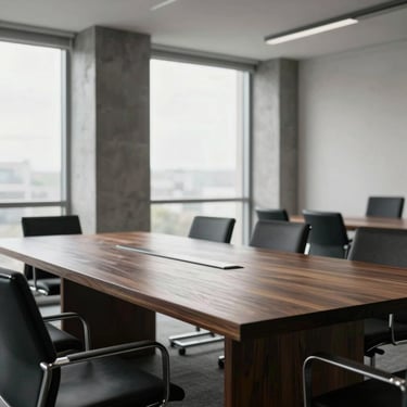 Sober corporate office boardroom, monolithic dark wood table, raw concrete columns, natural diffused daylight, no people