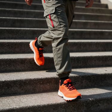 Action shot of legs running down concrete steps, wearing technical cargo pants with red drawstrings, motion blur, direct harsh sunlight.