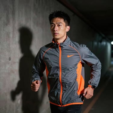 Heroic portrait of an athlete in a stadium tunnel, wearing a windproof technical shell jacket, electric orange accents, deep shadows.