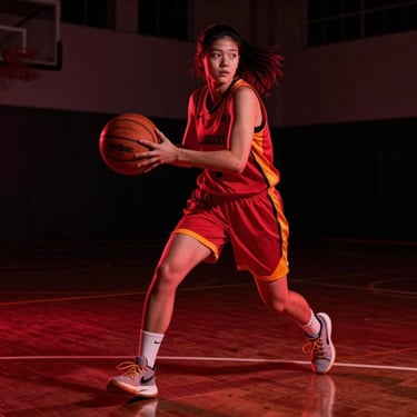 Dynamic portrait of a female basketball player holding a ball, neon red lighting, dark urban court background